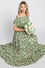 Green Floral Off Shoulder Tiered Dress