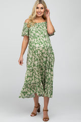 Green Floral Off Shoulder Tiered Maternity Dress