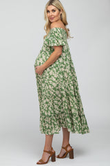 Green Floral Off Shoulder Tiered Maternity Dress