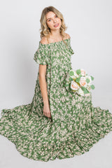 Green Floral Off Shoulder Tiered Maternity Dress