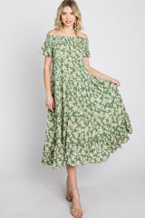 Green Floral Off Shoulder Tiered Dress