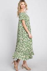 Green Floral Off Shoulder Tiered Dress