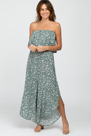 Light Olive Floral Strapless Asymmetrical Hem Jumpsuit