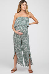 Light Olive Floral Strapless Asymmetrical Hem Maternity Jumpsuit