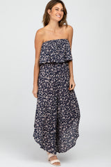 Navy Floral Strapless Asymmetrical Hem Jumpsuit