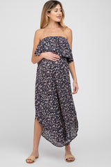 Navy Floral Strapless Asymmetrical Hem Maternity Jumpsuit