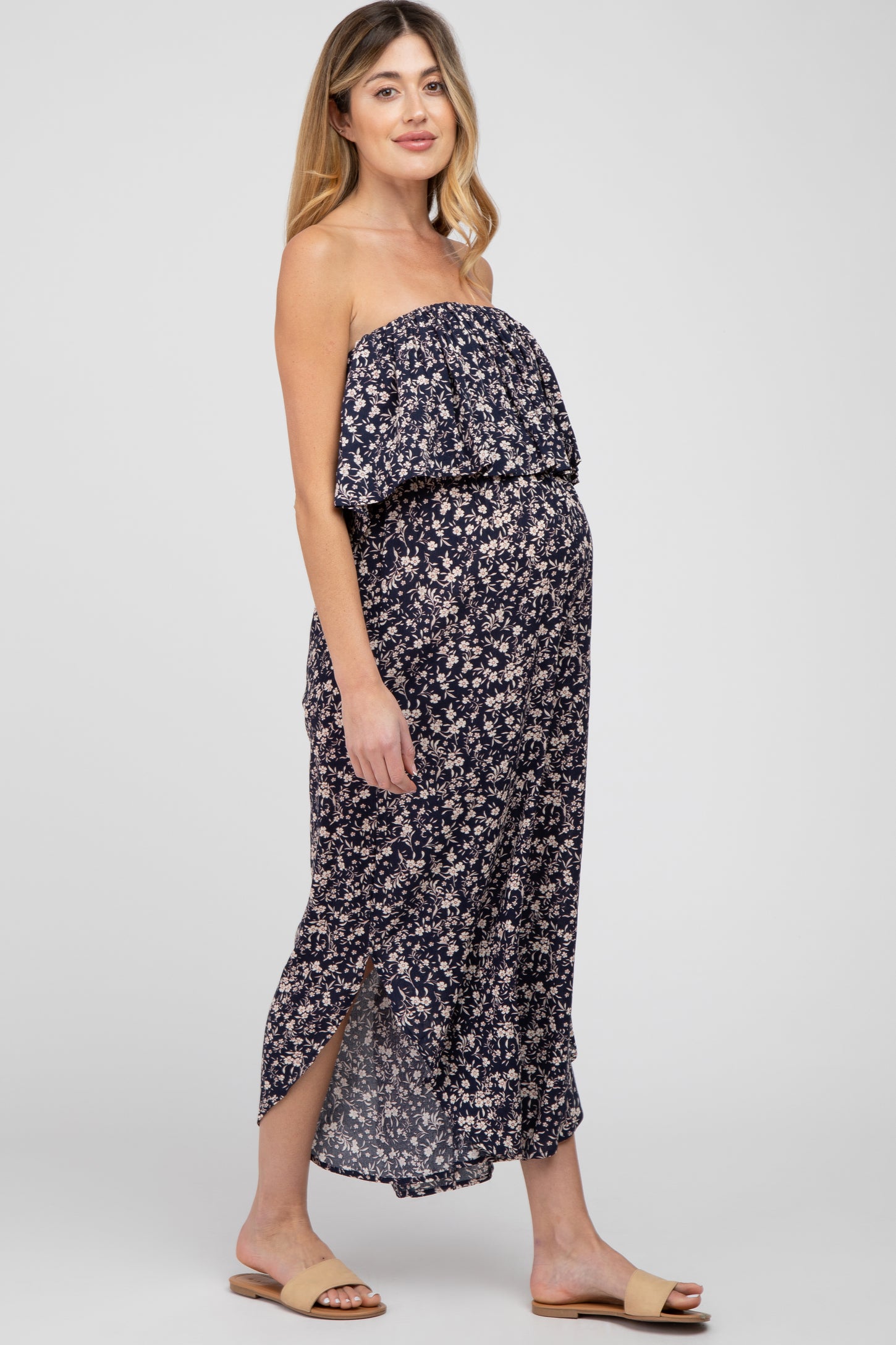 Navy Floral Strapless Asymmetrical Hem Maternity Jumpsuit – PinkBlush