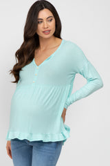 Aqua Button Accent Long Sleeve Maternity Top