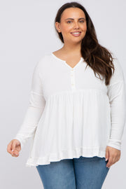 Ivory Button Accent Long Sleeve Plus Top