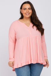 Pink Button Accent Long Sleeve Plus Top