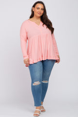 Pink Button Accent Long Sleeve Plus Top