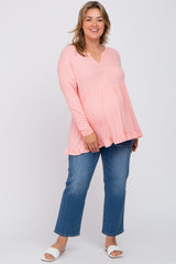 Pink Button Accent Long Sleeve Maternity Plus Top