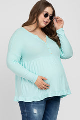 Aqua Button Accent Long Sleeve Maternity Plus Top