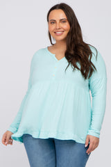 Aqua Button Accent Long Sleeve Plus Top