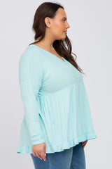 Aqua Button Accent Long Sleeve Plus Top