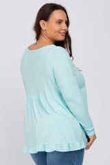 Aqua Button Accent Long Sleeve Plus Top