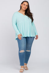 Aqua Button Accent Long Sleeve Plus Top