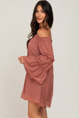 Mauve Swiss Dot Smocked Off Shoulder Dress