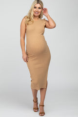 Camel Ribbed Flutter Accent Maternity Midi Dress