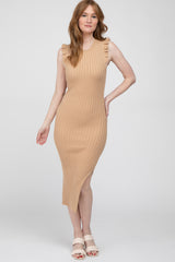 Camel Ribbed Flutter Accent Midi Dress