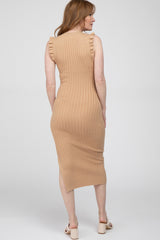 Camel Ribbed Flutter Accent Midi Dress