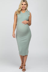 Mint Green Ribbed Flutter Accent Maternity Midi Dress