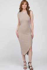 Taupe Ribbed Flutter Accent Midi Dress