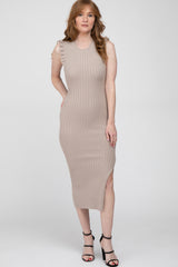 Taupe Ribbed Flutter Accent Midi Dress