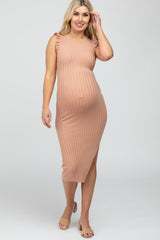 Peach Ribbed Flutter Accent Maternity Midi Dress