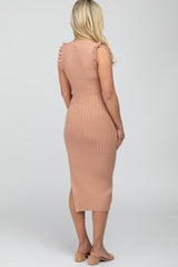 Peach Ribbed Flutter Accent Maternity Midi Dress