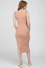 Peach Ribbed Flutter Accent Midi Dress