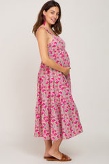 Fuchsia Floral Sleeveless Tiered Maternity Maxi Dress