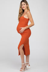 Orange Ribbed Square Neck Side Slit Maternity Midi Dress