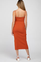 Orange Ribbed Square Neck Side Slit Maternity Midi Dress