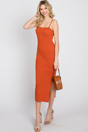 Orange Ribbed Square Neck Side Slit Midi Dress