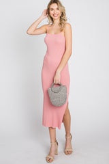 Pink Ribbed Square Neck Side Slit Midi Dress