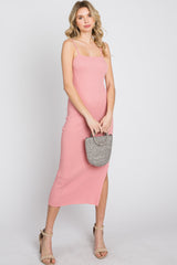 Pink Ribbed Square Neck Side Slit Midi Dress