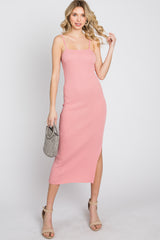 Pink Ribbed Square Neck Side Slit Maternity Midi Dress