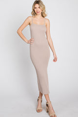 Taupe Ribbed Square Neck Side Slit Midi Dress