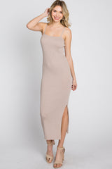 Taupe Ribbed Square Neck Side Slit Midi Dress