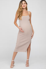 Taupe Ribbed Square Neck Side Slit Maternity Midi Dress