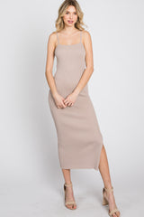 Taupe Ribbed Square Neck Side Slit Midi Dress