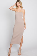 Taupe Ribbed Square Neck Side Slit Midi Dress