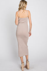 Taupe Ribbed Square Neck Side Slit Midi Dress