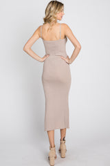 Taupe Ribbed Square Neck Side Slit Midi Dress