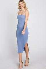 Periwinkle Ribbed Square Neck Side Slit Midi Dress