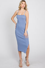 Periwinkle Ribbed Square Neck Side Slit Midi Dress