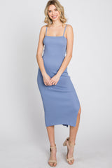 Periwinkle Ribbed Square Neck Side Slit Midi Dress