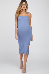 Periwinkle Ribbed Square Neck Side Slit Maternity Midi Dress