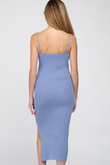 Periwinkle Ribbed Square Neck Side Slit Maternity Midi Dress